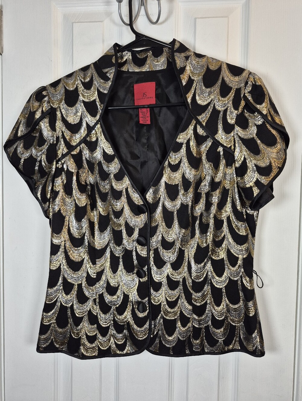 JS Collections Silk Blend Metallic Art Deco Scallop Top Black Gold 10